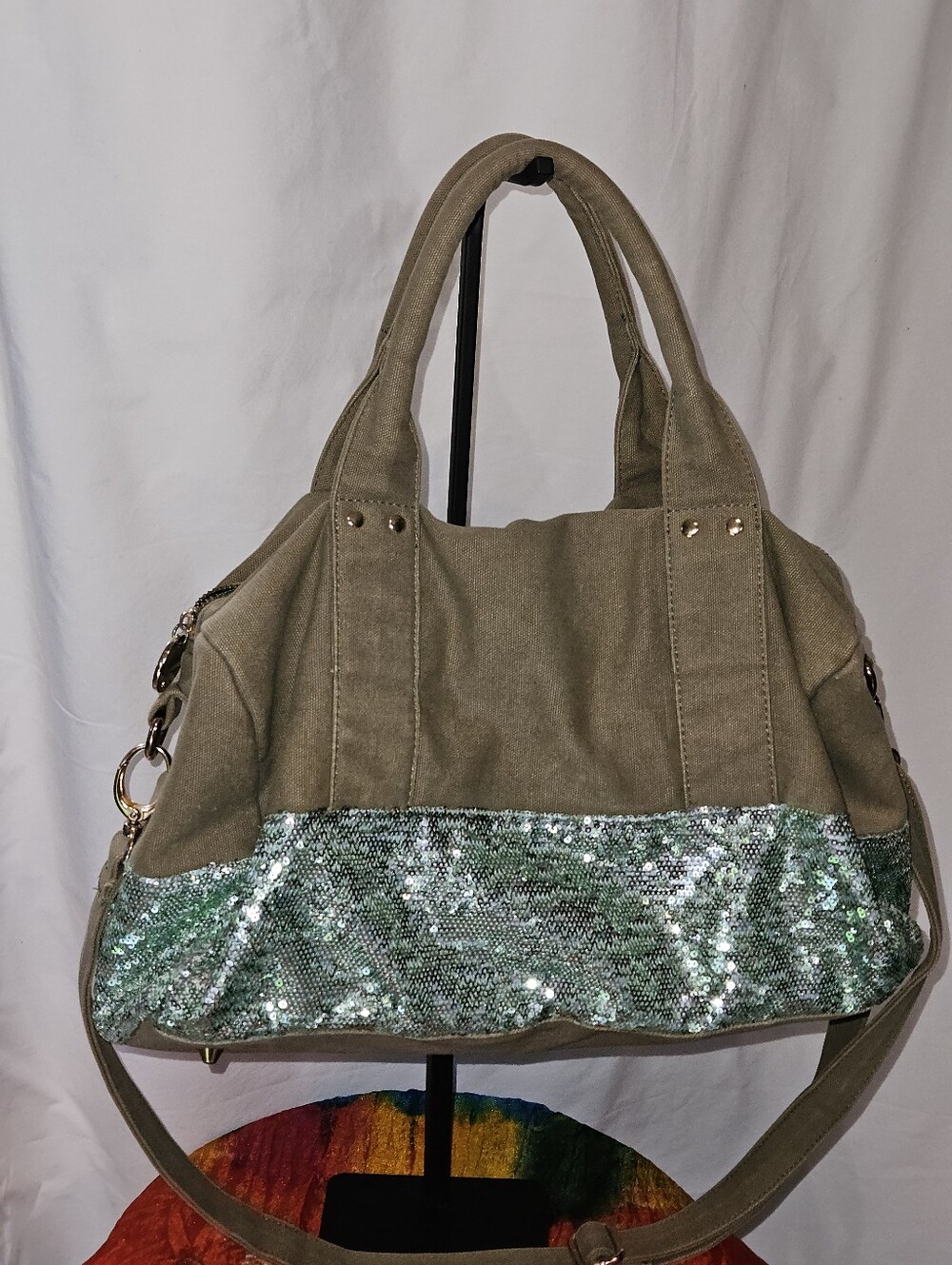 Duex Lux Women’s Taupe Canvas Tote with Green Sequin Accents